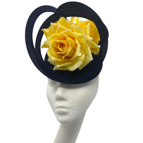Stunning french navy velvet headpiece with matching navy swirl detail and finished with the most beautiful yellow flowers detail.